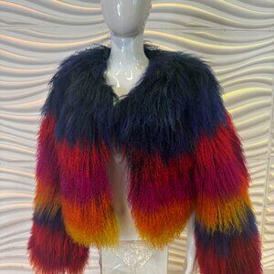 Unique multicolored Mongolian fur cropped jacket.